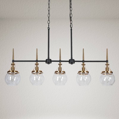 Black and Brass 5-Light Linear Chandelier with Glass Shades