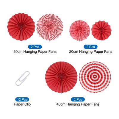 Red and White Paper Fan Party Decoration Set, 12 Pieces