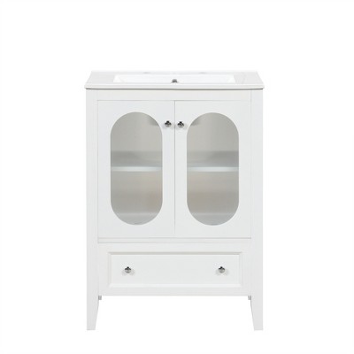 Vynxaria 24" Bathroom Vanities White Vanity Hutch with Moru Glass Doors Adjustable Shelf 33.9"H