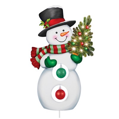 Collections Etc Led Lighted Snowman Carrying Tree Outdoor Yard Stake ...