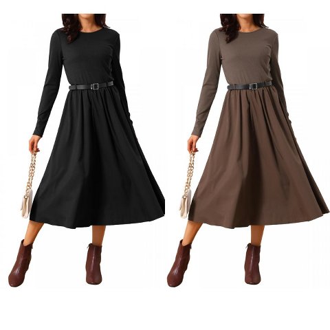 Женские платья INSPIRE CHIC Women's Casual Midi Round Neck Long Sleeve Flowy Fall Dresses with Belt Coffee Small 2 Packs Coffee/Black Large