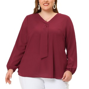 Agnes Orinda Women's Plus Size Office Fashion Long Sleeves Ribbon Front Chiffon Blouses - 1 of 4