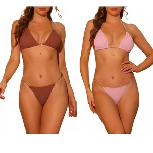 Elerevyo Women's Chain Halter Ribbed Lace Up Tie Back Triangle Bottoms Swimwear Bathing Suits 2 Sets - 1 of 4