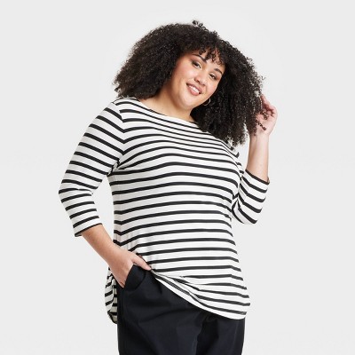 Women's Slim Fit 3/4 Sleeve Boat Neck T-Shirt - Ava & Viv™ Black Striped 3X