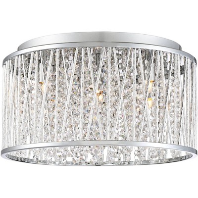 Possini Euro Design Modern Ceiling Light Flush Mount Fixture 16" Wide Chrome Woven Laser Cut Clear Crystal Beaded Strands for Bedroom Kitchen Hallway