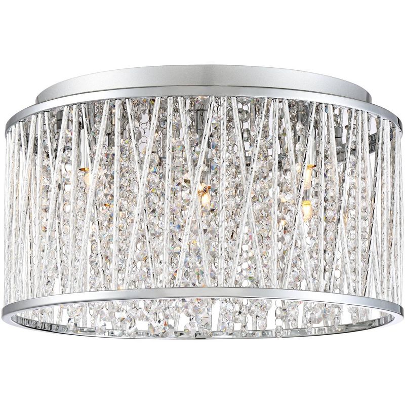 Possini Euro Design Modern Ceiling Light Flush Mount Fixture 16" Wide Chrome Woven Laser Cut Clear Crystal Beaded Strands for Bedroom Kitchen Hallway, 1 of 6