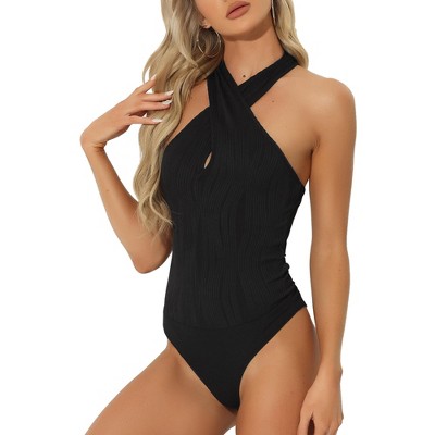 Allegra K Women's Halter V Neck Sleeveless Top Romper Bodysuits Black Large  : Target