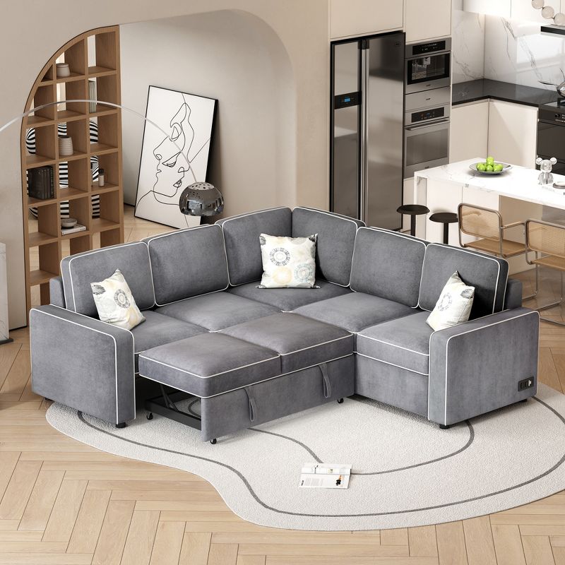 83" L-Shaped Modern Convertible Pullout Sofa Bed with 2 USB Ports, 2 Power Outlets, and 2 Pillows - ModernLuxe, 1 of 15