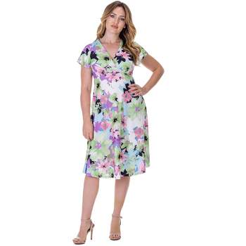 24seven Comfort Apparel Womens Floral Print V Neck Empire Waist Cap Sleeve Knee Length Dress