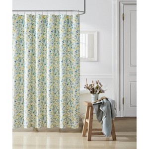 Nora Shower Curtain Bright Blue - Laura Ashley: 100% Cotton, Twill, Botanical Pattern, Machine Washable - 1 of 4
