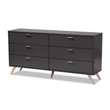 Kelson Wood 6 Drawer Dresser Dark Gray/Gold - Baxton Studio