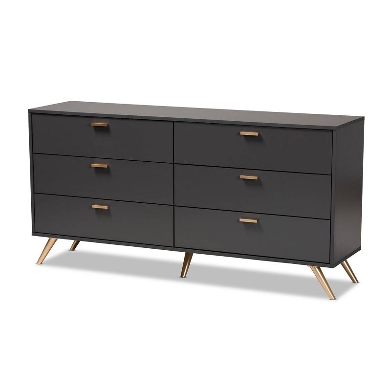 Kelson Wood 6 Drawer Dresser Dark Gray/Gold - Baxton Studio, 1 of 10