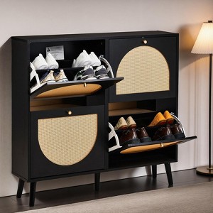 KTMBDW Natural Rattan 4 Flip Door Shoe Cabinet Organizer Freestanding, Modern Shoe Rack Storage Organizer for Entryway, Closet, Hallway - 1 of 4