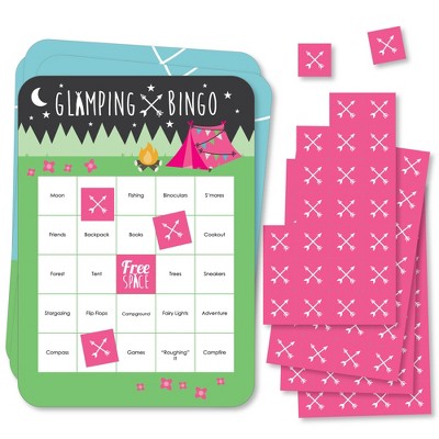 Big Dot of Happiness Let’s Go Glamping - Bingo Cards and Markers - Camp Glamp Party or Birthday Party Bingo Game - Set of 18