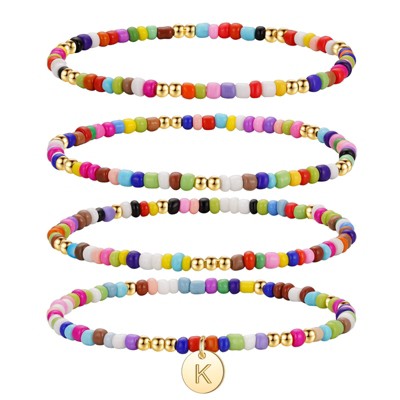 Turandoss 4PCS Colorful Beaded Initial Bracelets for Women Teen Girls - Stretch Bohemian Disc Initial Stackable Jewelry Birthday Gifts