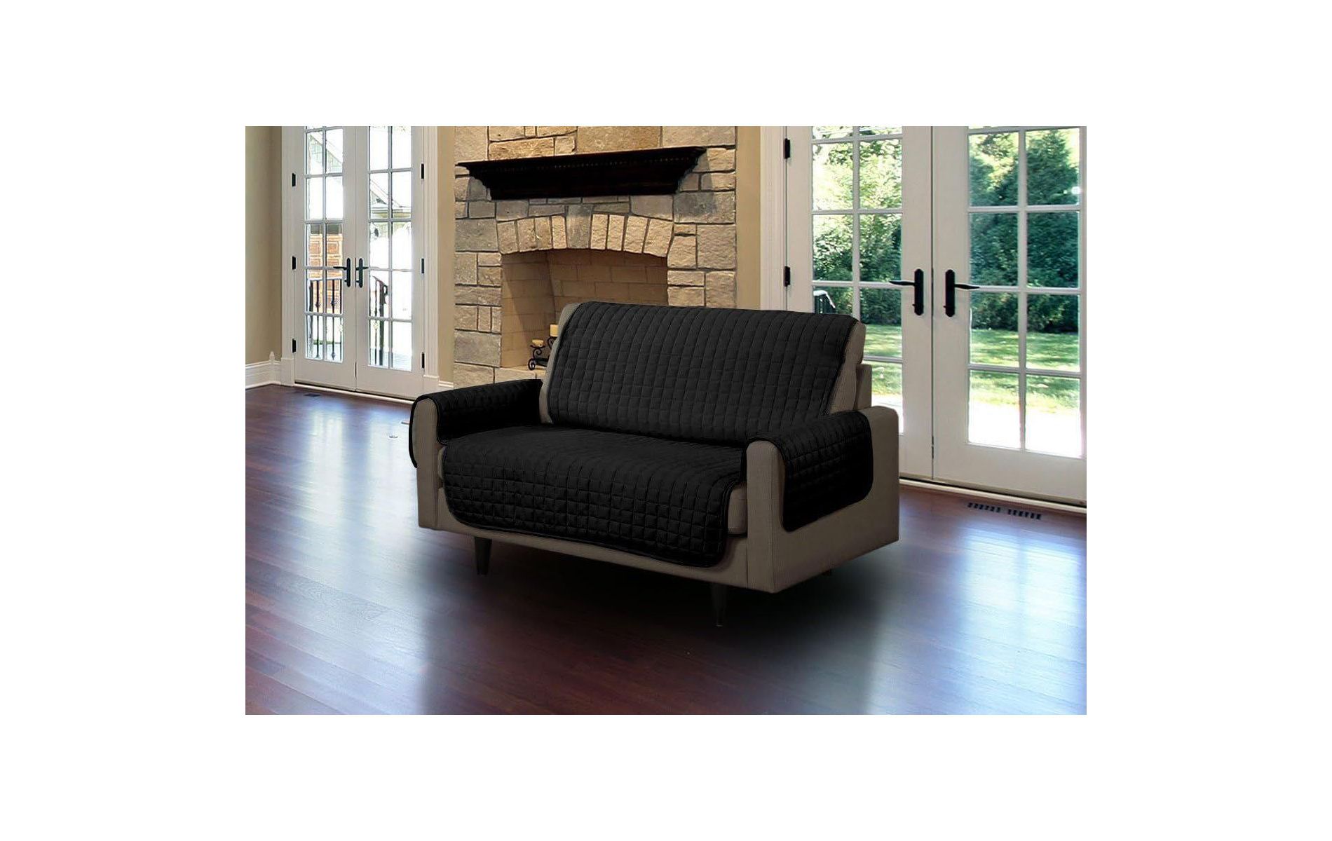 Linen Store 88" x 77" Quilted Microsuede Loveseat Cover Soft, Cozy Furniture Protector with Tucks Flaps Black