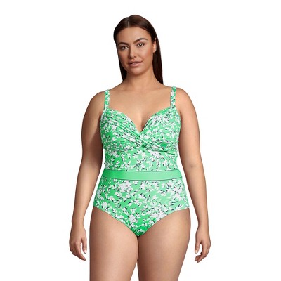Women's Floral V-neck Shirred Tie Back Plus Size One Piece Swimsuit -  Cupshe-3X-Green