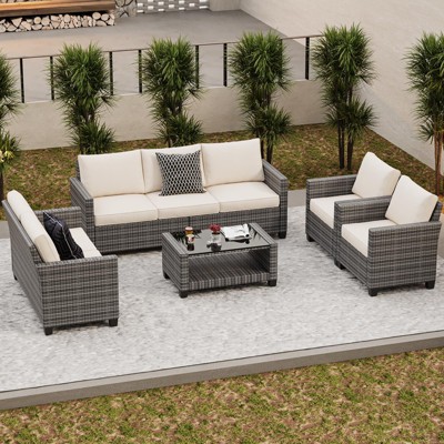 Outdoor Patio Furniture Sofa Sets,7 Piece Rattan Furniture Sectional Couch Set with Glass Coffee Table for Backyard Garden