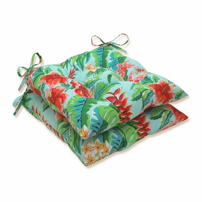 Tropical Paradise Blue and Green Tufted Outdoor Chair Cushions