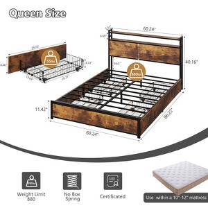 VINGLI Bed Frame with 4 Storage Drawers/Headboard, Metal Platform with Charging Station and LED, No Box Spring Needed, Easy Assembly, Vintage Brown - 1 of 4