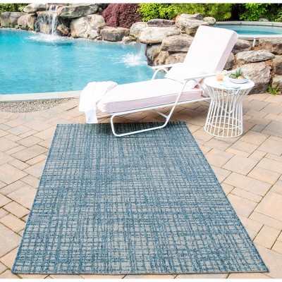Navy Blue Geometric Synthetic Indoor/Outdoor Runner Rug