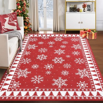 Christmas Tree Rug Machine Washable Snowflake Indoor Rug Non-Slip Small Area Rug Soft Low Pile Holiday Decorative Floor Carpet Foldable