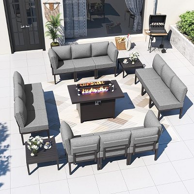 ALAULM Metal Patio Furniture Set Modern Metal Outdoor Conversation Sets w/45in Propane Fire Pit Table, Patio Sectional Sofa w/5 Inch Cushion