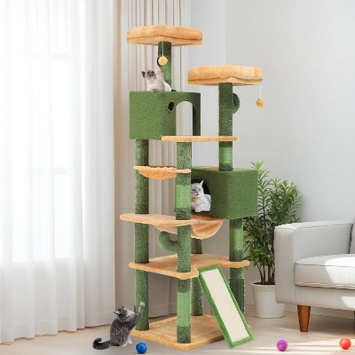 Cactus Cat Tree for Large Cats: 60" Tall with Self-Grooming Brush, Cute Kitten Climbing Tower for Indoor Kittens