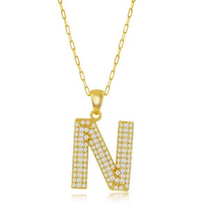 Bella Silver Sterling Silver Micro Pave CZ Block Initial w/Paperclip Chain Gold Plated 18" Pendant Necklace - 1 of 2