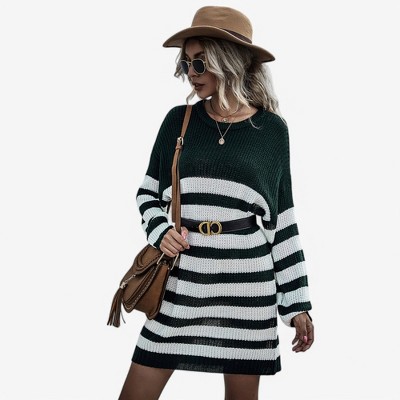 Anna-Kaci Women's Striped Long Sleeve Knit Sweater Dress with Relaxed Fit