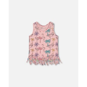 Deux par Deux Girl Printed Organic Cotton Tank Top with Fringe Palm Trees, Pink Flamingo, and Turquoise - 8 Years - 1 of 4