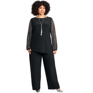 Catherines Women's Plus Size 2-Piece Beaded Mesh Sleeve Pant Set - 1 of 4