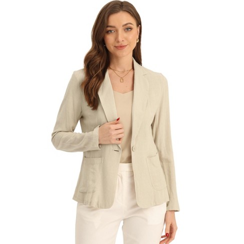 Allegra K Women's Notch Lapel One Button Casual Suit Linen Blazer Beige  Small