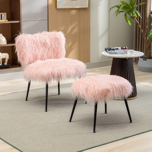 25 w Faux Fur Plush Accent Chair With Ottoman Fluffy Upholstered