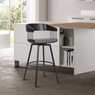Armen Living Athena Upholstered Swivel Barstool Light Gray and Black 26 in. Seat Height