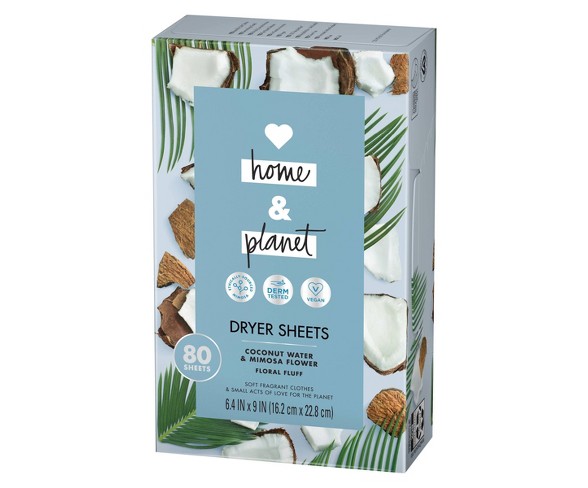 Love Home &#38; Planet Coconut Water &#38; Mimosa Flower Dryer Sheets - 80ct