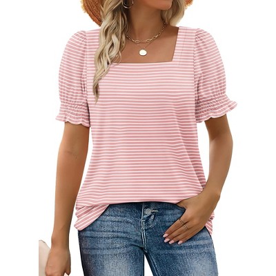 Summer Tops for Women Square Neck T Shirts Casual Tees Ruffle Trim Short Sleeve Blouses 2025 Fashion
