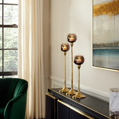 Glass & Metal Pillar Candle Holder - Elegant Gold Aluminum Taper Stand - Glam Design for Home, Office, Bedroom, Living Room