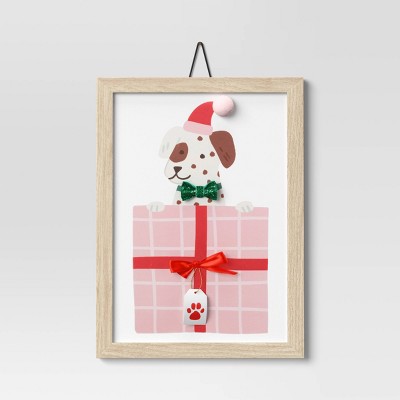 13.38"x9.75" Dog in Gift Wood Wall Art White/Pink - Wondershop™