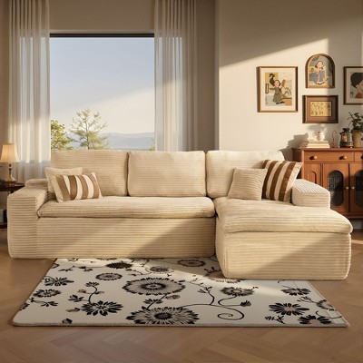 XIZZI No Assembly Sectional Sofa Set w/ Chaise - Plush/Corduroy Fabric, High-Resilience Foam, Beige/Black/Gray - Ships Compressed & Ready to Use