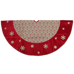Northlight 60" Burlap Glittered Snowflake Rustic Christmas Tree Skirt with Red Velvet Trim - 1 of 3