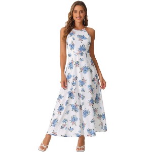 Allegra K Women's Summer Sleeveless Floral Round Neck Slit Hem Long Sundresses - 1 of 4