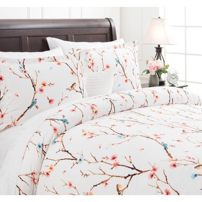 Twin White and Multicolor Microfiber Sakura Tree Duvet Cover Set