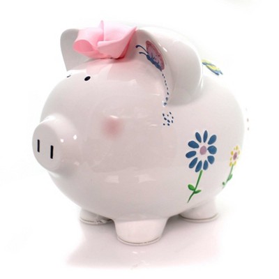 White Ceramic Piggy Bank with Flowers and Butterflies