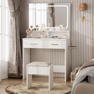 GAOMON Vanity Set with 3-Color Adjustable LED Mirror, Small Makeup Desk with Power Outlet and 2 Drawers - 1 of 4