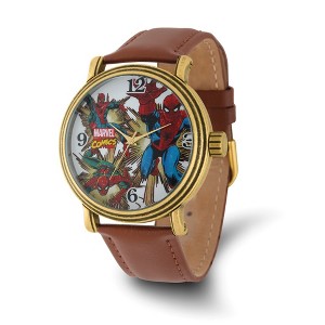 Black Bow Jewelry Marvel Adult Size Spiderman Gold-tone Brown Leather Band Watch - 1 of 3