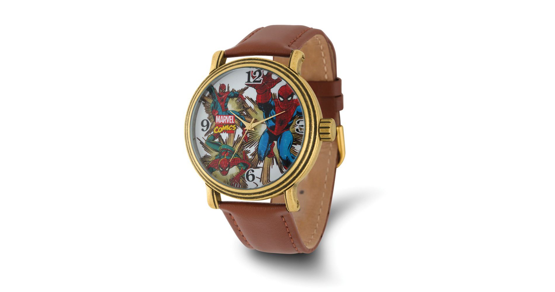 Black Bow Jewelry Marvel Adult Size Spiderman Gold-tone Brown Leather Band Watch