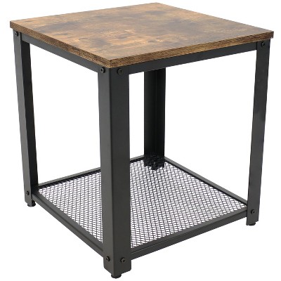 Sunnydaze Indoor Industrial Modern Style Faux Wood and Metal Square Nightstand Side Table for Bedroom or Living Room - 17" - Rustic Brown