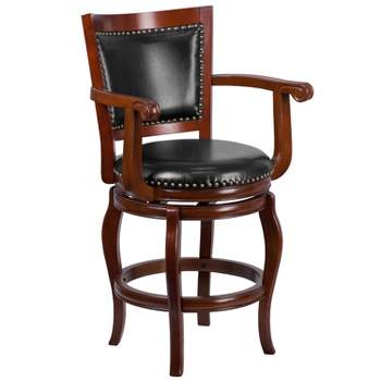 Flash Furniture 26'' High Cherry Wood Counter Height Stool with Arms, Panel Back and Black LeatherSoft Swivel Seat