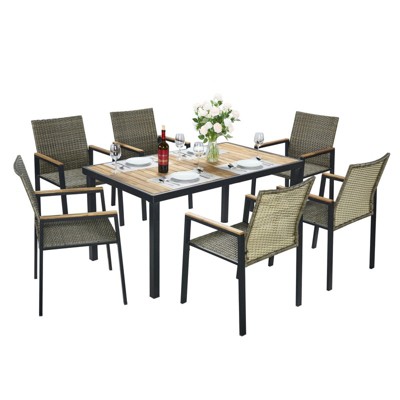Aukfa 7pc Acacia Wood Slat-Top Rectangular Patio Dining Set with 6 Woven Armchairs